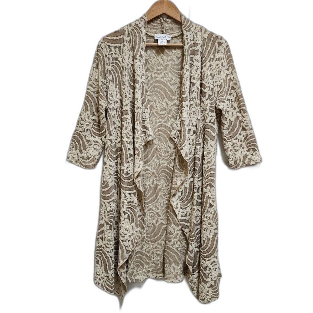 Camille & Co Cardigan Sweater Women S Cream Floral Lace Mesh Open Waterfall Boho